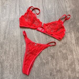 Lounge Vibrant Red Lace Balconette Bra and Thong Set